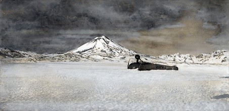 Juin 1930, "l'oiseau mort", l'avion du pilote Henri Guillaumet, Courrier des Andes, sur les neiges