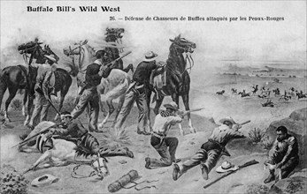 Buffalo Bill's Wild West. Buffalo hunters defend themselves against Redskins