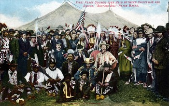 Postcard representing the first Peace Council between the Chippewas and the Sioux, with Buffalo Bill as peace representative