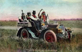 Photo card taken in 1905 at Ranch 101, created by George W. Miller in 1892, representing Géronimo (1829-1909), chief ot the Chiricahuas Apache tribe, driving a car