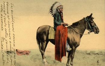 Postcard representing an Indian chief on horseback