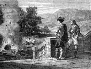 Le marquis de Worcester fait éclater un canon par l'effet de la vapeur d'eau.