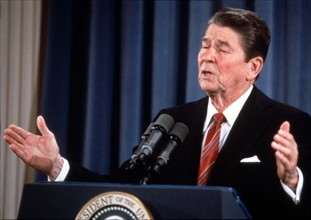 Ronald Reagan during a press conference at the White House