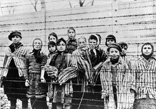Des enfants prisonniers au camp de concentration d'Auschwitz-Birkenau (1945)