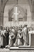 L'évêque de Paris bénit Saint Louis avant son départ en croisade.