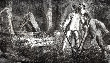 Gold-diggers discovering the body of an Indian, 1866