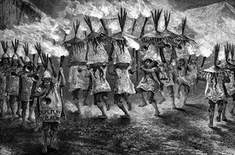 Natives walking with torches in Peru, 1870