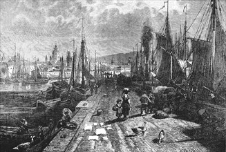 Vue d'un port de la ville de Mayence en 1890