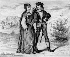 Couple en costume à l'époque de Henri VII d'Angleterre, 16e siècle
