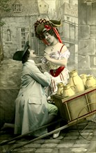La jolie laitière et l'amoureux. Carte portale ancienne