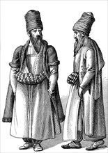 Persia costumes in 1880.Fac-simile of an old engraving.Artwork by Jules Verne " Travellers in the