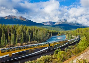 Rocky Mountaineer train at Morant's curve near Lake Louise in the Canadian Rockies Banff national Park Alberta Canada