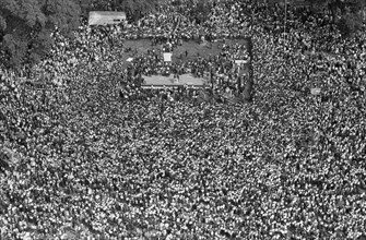 Aerial view of crowd and stage at the March on Washington, August 28, 1963.