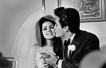 Elvis Presley, Priscilla Presley,  on their wedding day, May 1, 1967, at the Aladdin Hotel in Las Vegas, Nevada.  File Reference # 33635_848CPC