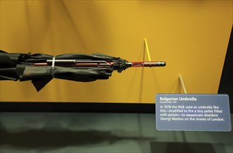 KGB's umbrella gun displaying at International Spy Museum.Washington D.C.USA