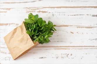 Top view of fresh mint in paper eco bag