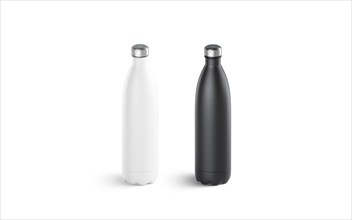Blank white and black thermo sport bottles mockup, side view, 3d rendering. Empty fitness metal bottle with lid mockup isolated. Clear vacuum vessel of chrome for water template. Clear leak proof jug.