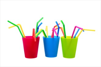 Plastic Cups and Straws on White Background