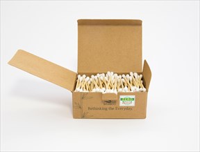Biodegradable cotton buds with bamboo stem. Better for the environment than traditional buds. Go Bamboo brand. In compostable and recyclable package