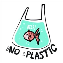 Fish say no to plastic cartoon vector illustration doodle style