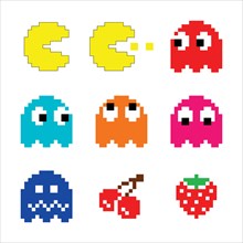 Pacman and ghosts 80's computer game icons set