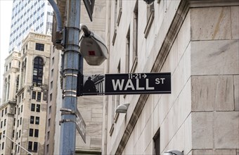 Sign post of wall street at The New York Stock Exchange the world's largest stock exchange, NYC, United states.