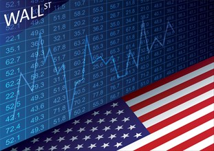 Stock exchange chart and american flag. Data analyzing in trading market on Wall Street. Working set for analyzing financial statistics and analyzing