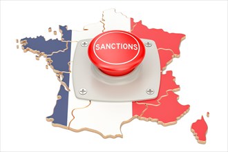 Sanctions button on map of France, 3D rendering isolated on white background