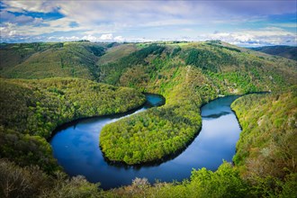 Panoramic view of the meander of Queuille in Auvergne land, France