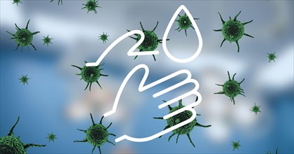 Digital illustration of a washing hands sign over Coronavirus Covid=19 cells spreading