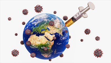 World with syringe injection and covid virus cells isolated on white 3D rendering illustration. Global vaccination or vaccine against coronavirus dise