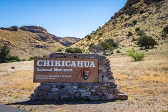 Cochise County, Arizona, USA - March 6, 2019: A detailed view of the entrance sign for Chiricahua National Monument.