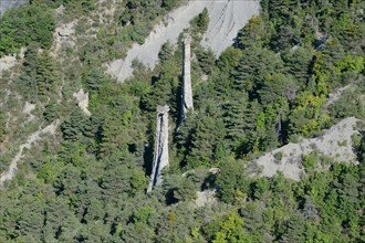 HOODOOS (aerial view). Pinnacles in a forest, near the village of Théus, Hautes-Alpes, France.