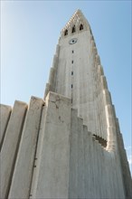 Left side of Hallgrimskirkja Lutheran church tower in Reykjavik, Iceland.