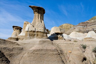Hoodoos, geological formations created by erosion, in the Badlands near Drumheller, Alberta, Canada.