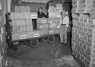 Two workers stand beside a cart loaded with boxes containing poliovirus vaccine, 1963. In the early 1950's, there were more than 20, 000 cases of polio each year. After polio vaccination began in 1955...