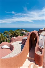 Architectural detail of the Palais Bulles in front of Mediterranean panorama, ThÃ©oule-sur-Mer, Var, Provence-Alpes-Cote d`Azur, France, Europe