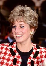 Princess Diana, wearing Moschino. Layed the foundation stone for the new wing at the National Hospital for Neurology & Neurology, London. UK