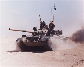 Iraqi Army Russian T64 tank, captured and crewed by British Army soldiers of 1st Queens Dragoon Guards. Kuwait. Gulf War 1991