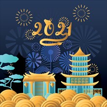 Chinese new year 2021 city houses and fireworks design, China culture and celebration theme Vector illustration