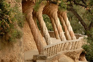Columns designed by Antoni Gaudi. Park Guell in Barcelona Spain
