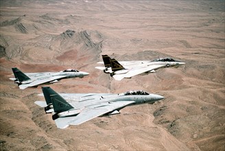 A US Navy Fighter Squadron of F-14A Tomcat fighter aircraft fly in formation over the desert during Operation Desert Storm February 7, 1991 in Kuwait.