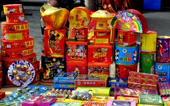 Jun Le, China:  Display of fireworks sold at a vendor booth for Chinese New Year