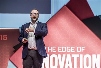 Barcelona, Spain. 3rd March, 2015. L'Hospitalet De Llobregat, Catalonia, Spain - JIMMY WALES, Founder of Wikipedia and the Wikipedia Foundation, speaks at a keynote during the Mobile World Congress 20...