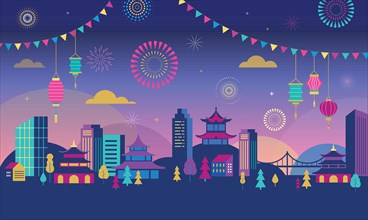 Chinese New Year - city landscape with colorful fireworks and lanterns. Vector background