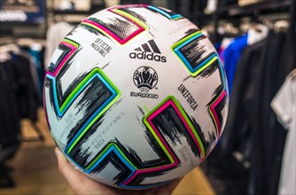 10 November 2019 London, United Kingdom. The official ball of the European football Championship 2020 Adidas Uniforia Competition in the sports shop w