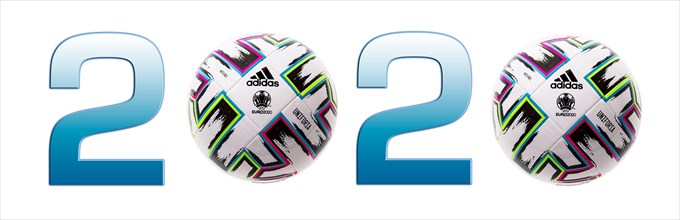 SWINDON, UK - December 27, 2019: Adidas UNIFORIA official football of the UEFA Euro 2020 competition on a white background.