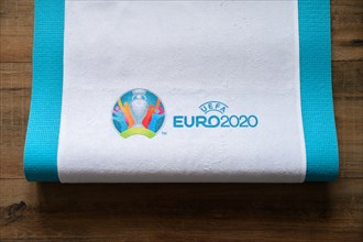 PARIS, FRANCE, JANUARY. 20. 2020: Logo of Euro 2020 football tournament, printed on white fabric