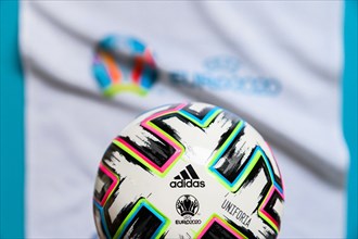 PARIS, FRANCE, JANUARY. 20. 2020: Uniforia ball, official match ball for Euro 2020 football tournament