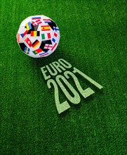 Euro 2021 football championship. Soccer ball with flags of European countries and text